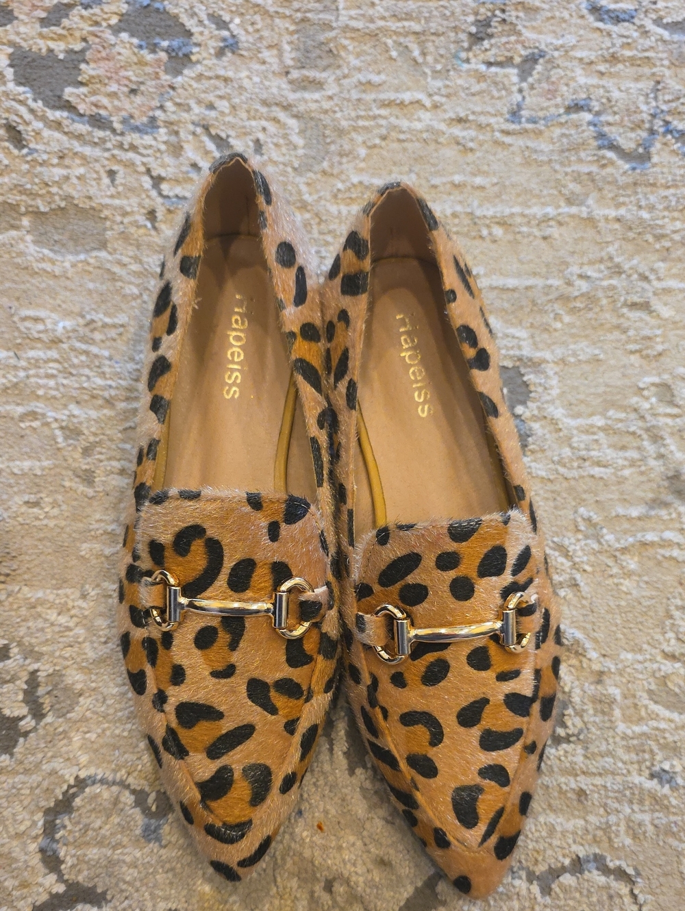 Leopard Print Pointed Toe Loafers in Tan/Black with Gold Bit